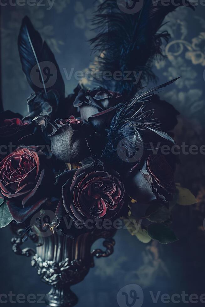 Dark Romantic Floral Arrangement with Black Feathers in Ornate Vase photo