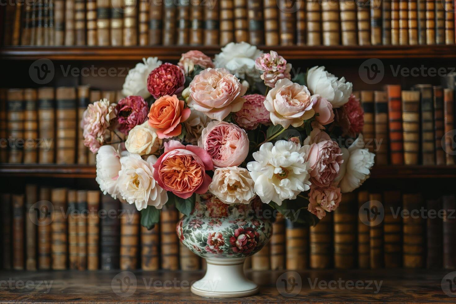 Vintage Floral Arrangement in Vase with Bookshelf Backdrop photo