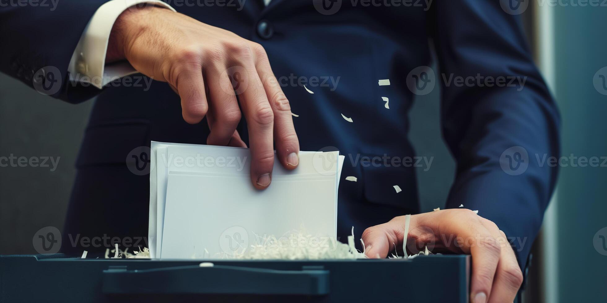 Businessman Shredding Documents in Office for Confidentiality and Data Protection photo