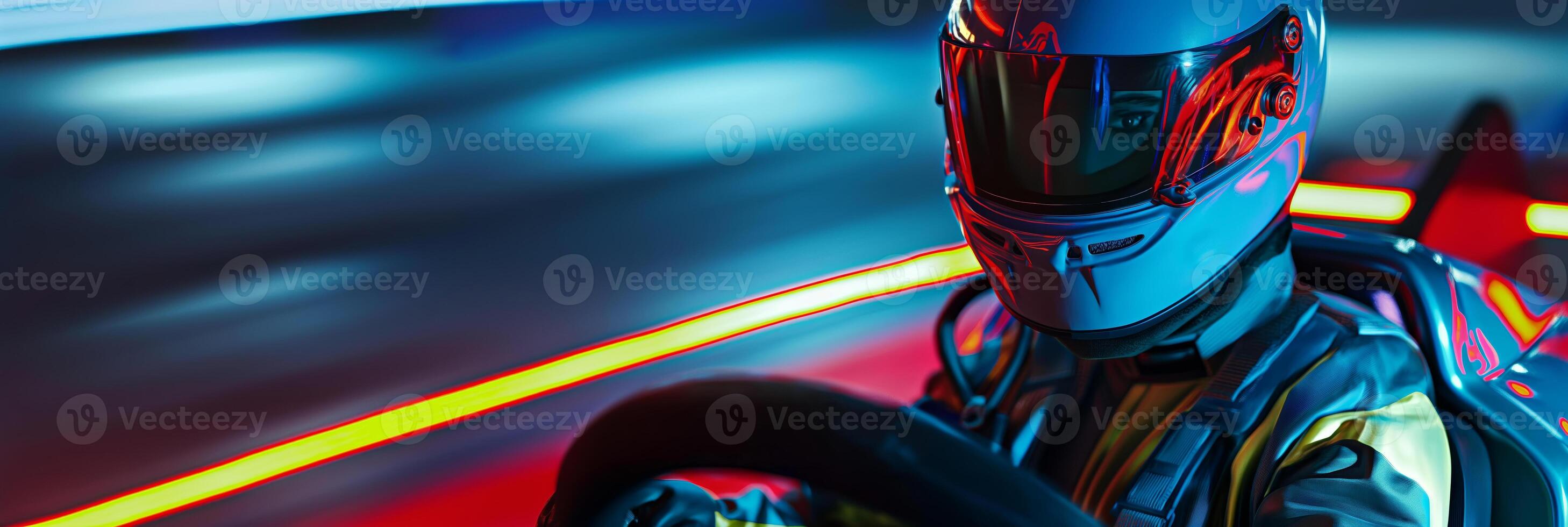 Racing Driver in HighTech GoKart with Futuristic Helmet on Neon Track photo