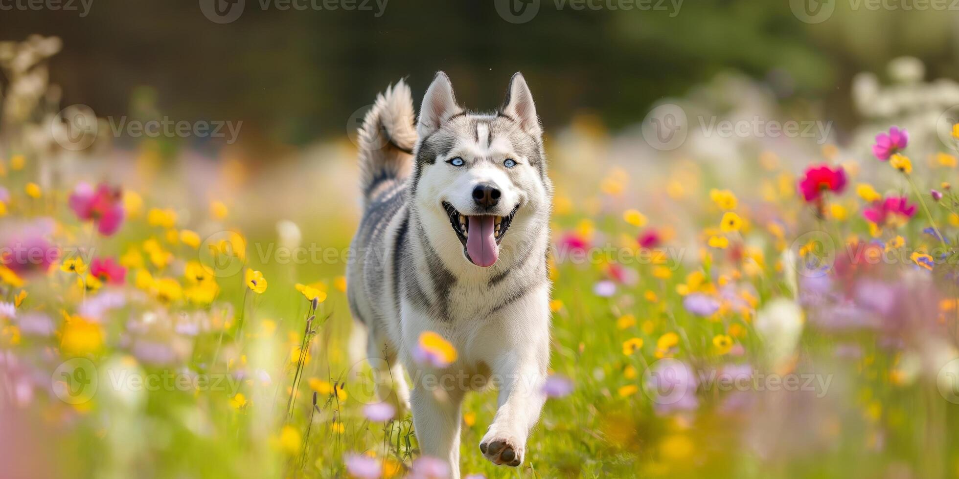 Happy Husky Running Through Colorful Wildflower Field on a Sunny Day photo