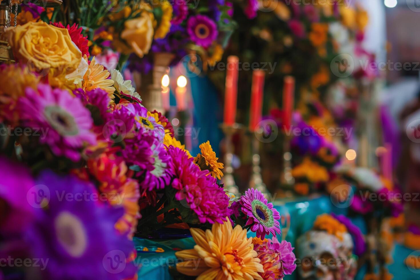 Colorful Day of the Dead Altar with Flowers and Candles photo