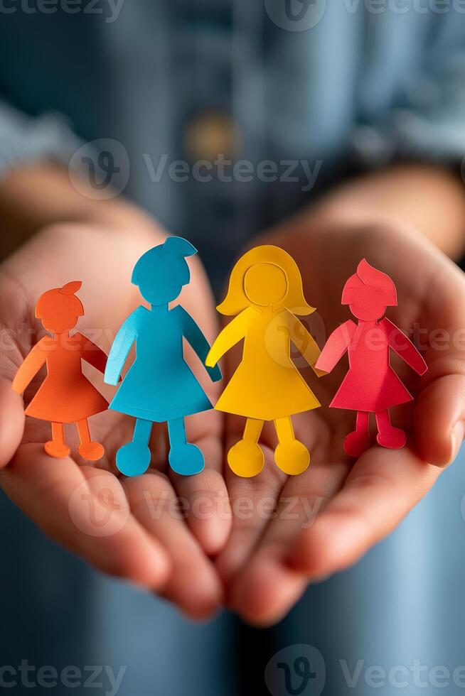 Colorful Paper Cutout Family Figures in Hands Symbolizing Unity and Care photo