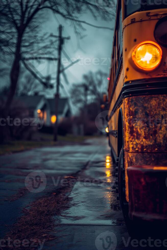 Moody Urban Evening with Rainsoaked Roads and School Bus photo