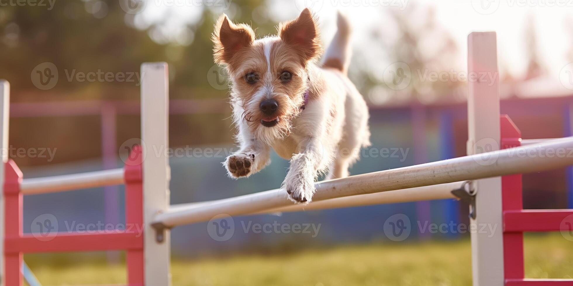 Energetic Dog Leaping Over Obstacle in Sunlit Outdoor Training Field photo