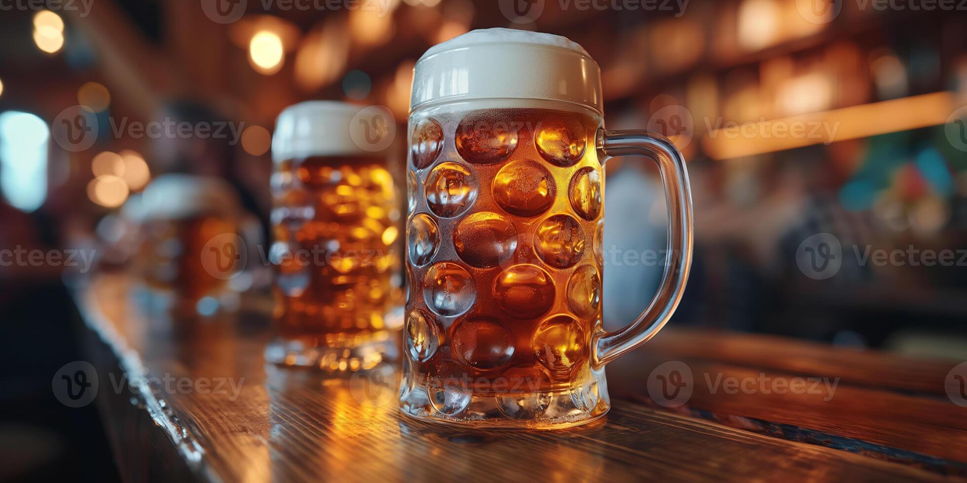 Frothy Beer Mugs on Wooden Bar in Warm Cozy Pub Setting photo