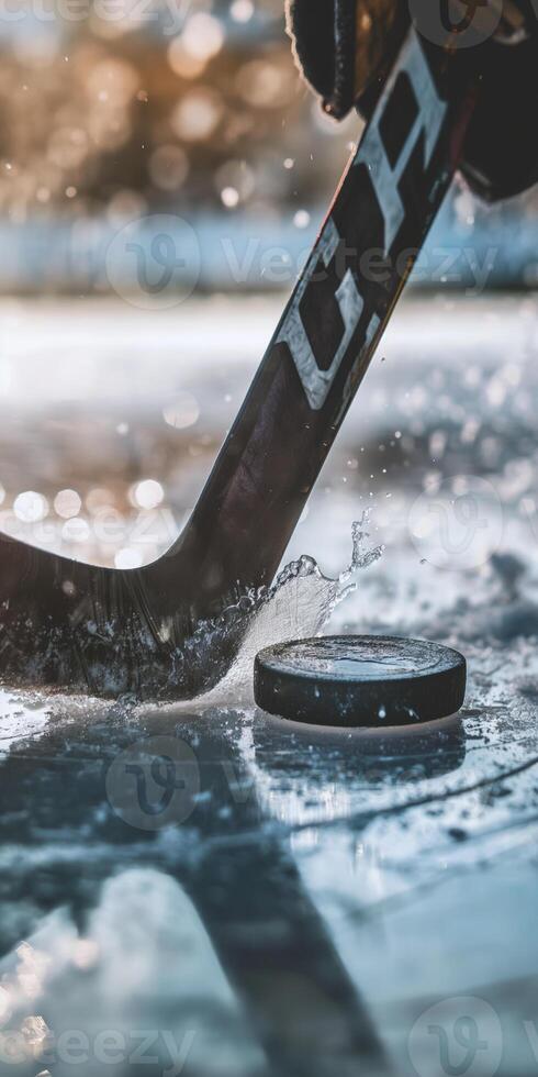 Outdoor Ice Hockey Closeup Stick Hitting Puck with Splash in Winter Sunlight photo