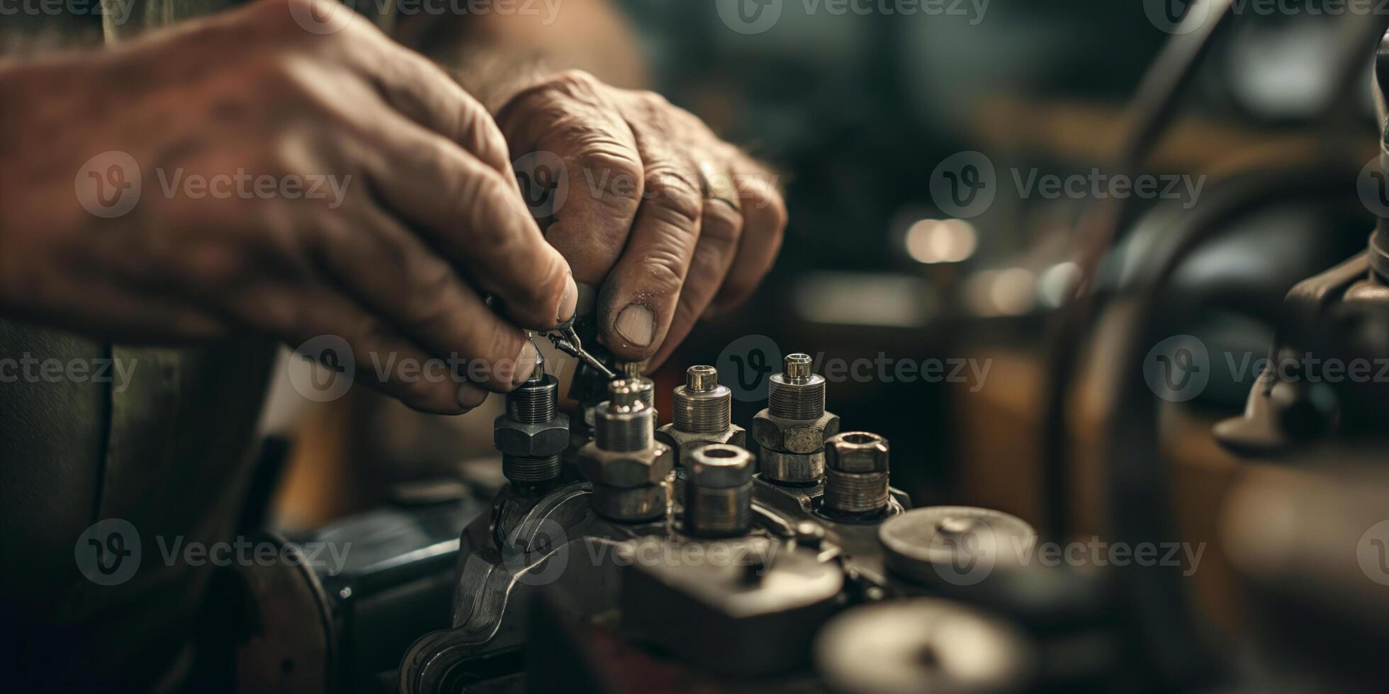 Hands of Craftsman Working on Precision Metalwork with Machine Tools in Workshop photo