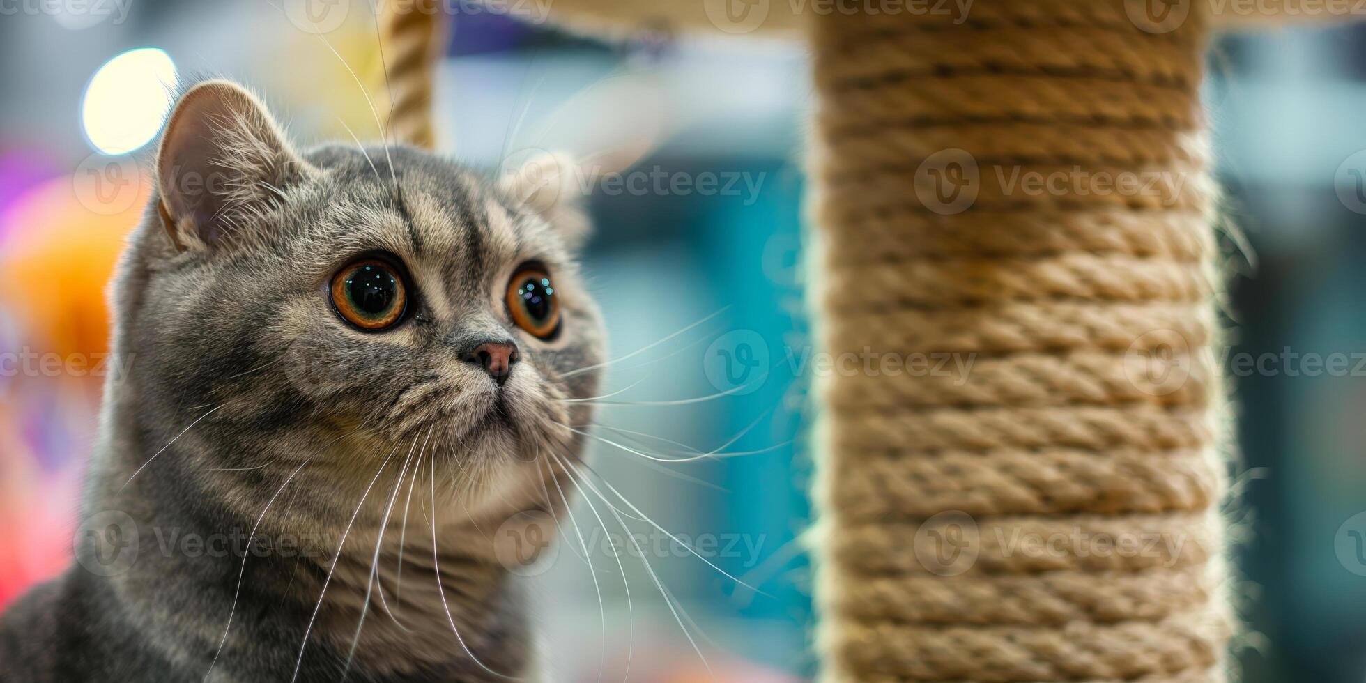 Adorable Gray Cat with Wide Eyes Sitting Next to a Scratching Post photo