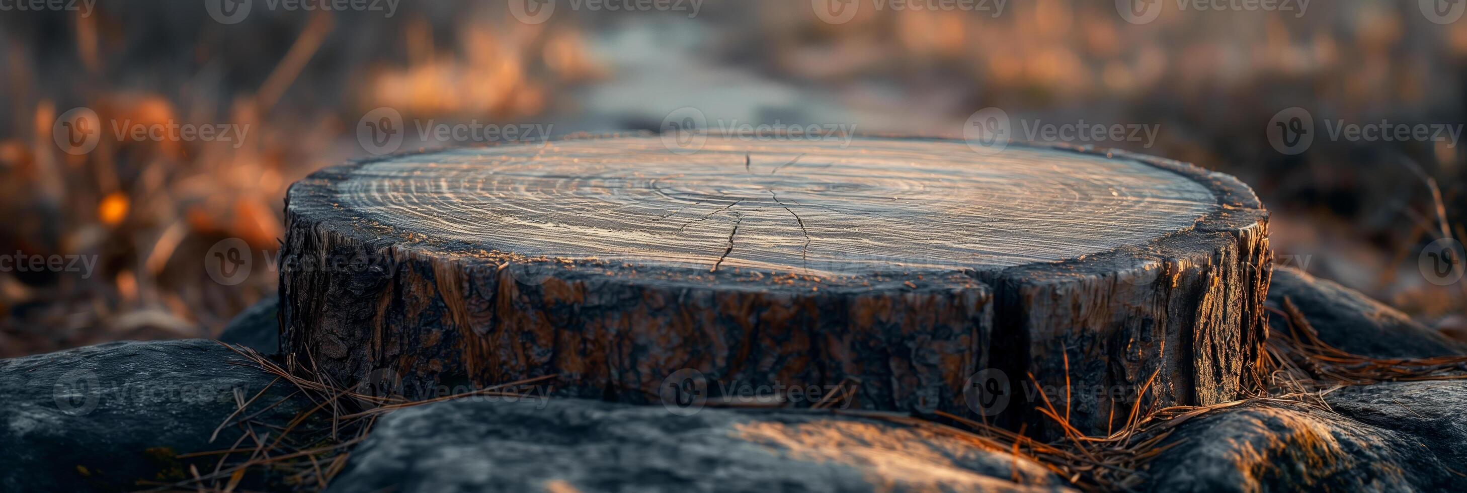 Sunlit Tree Stump on Rocky Forest Path in Autumn photo
