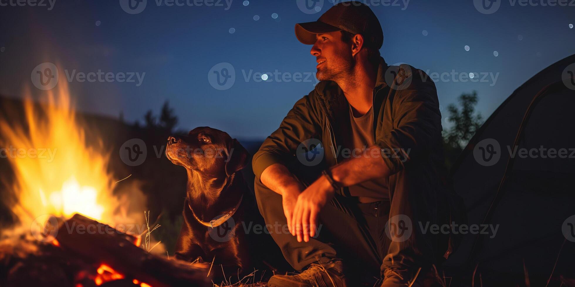 Man and Dog Enjoying Campfire Under Starry Night Sky in Countryside photo