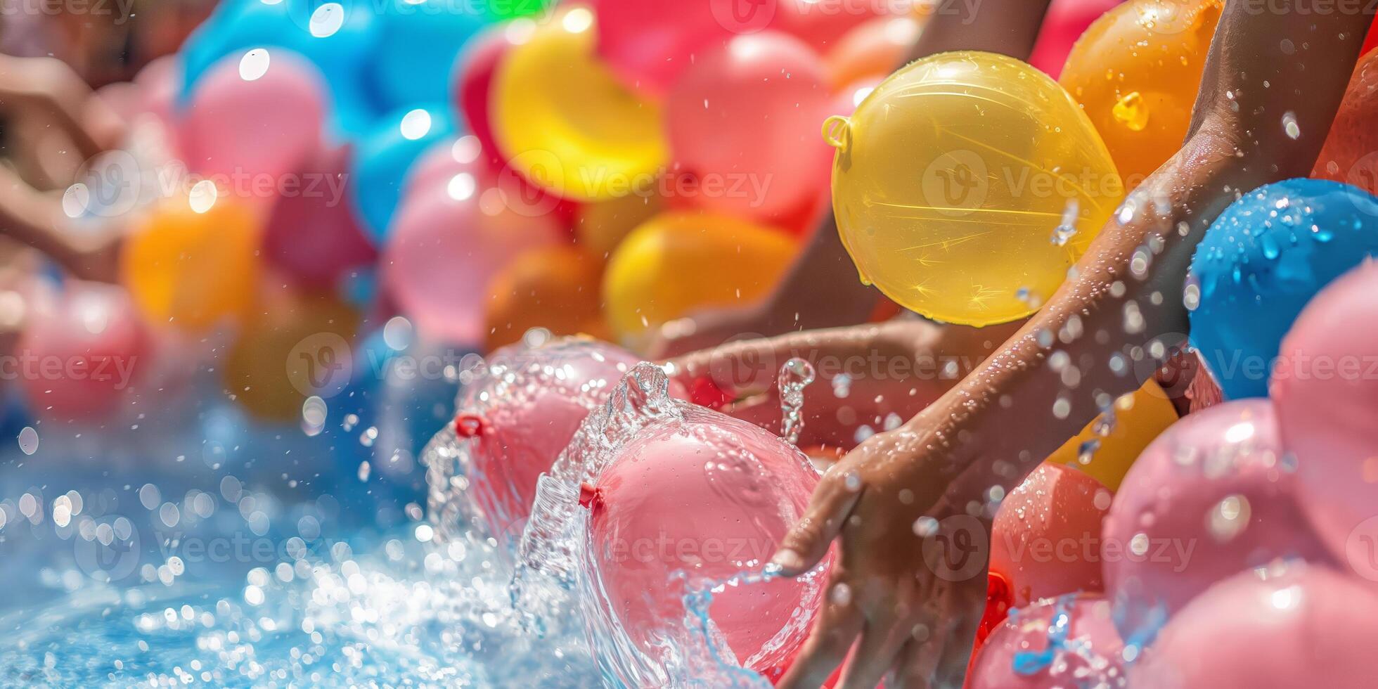 Colorful Water Balloons in a Splashing Pool Party Scene photo