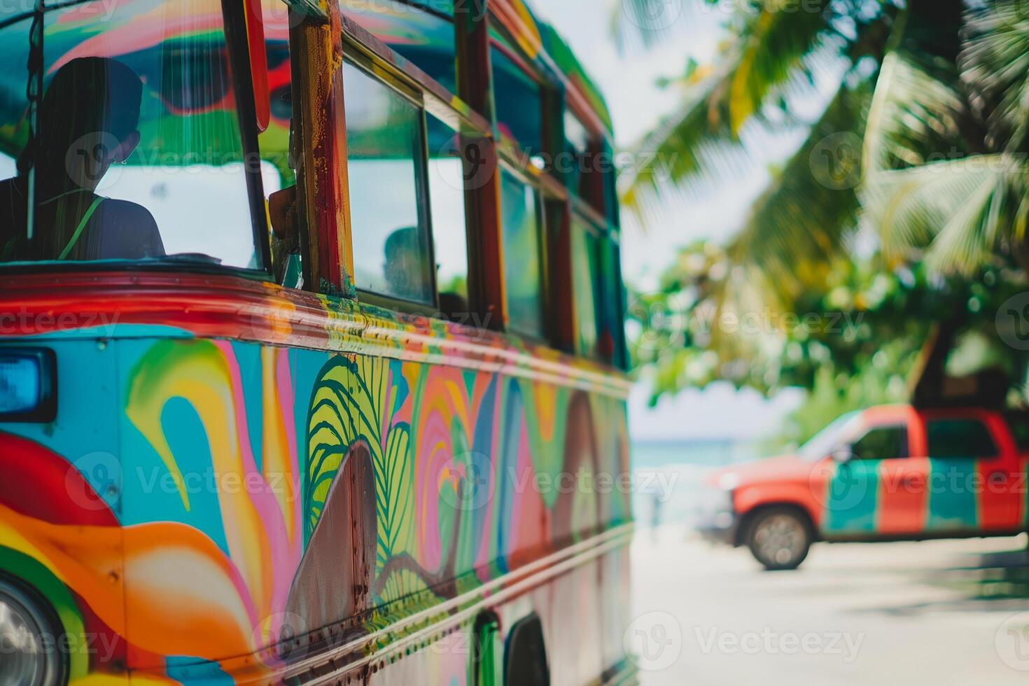Colorful Tropical Bus and Truck on a Sunny Beach Road with Palm Trees photo