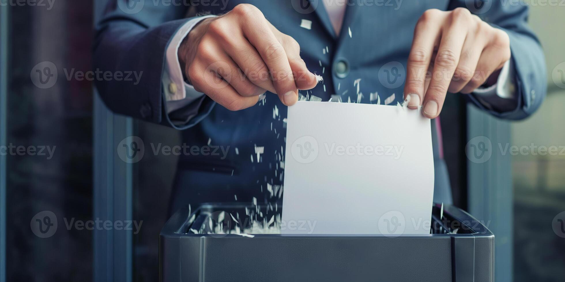 Businessman Shredding Document in Office Concept of Data Security and Confidentiality photo