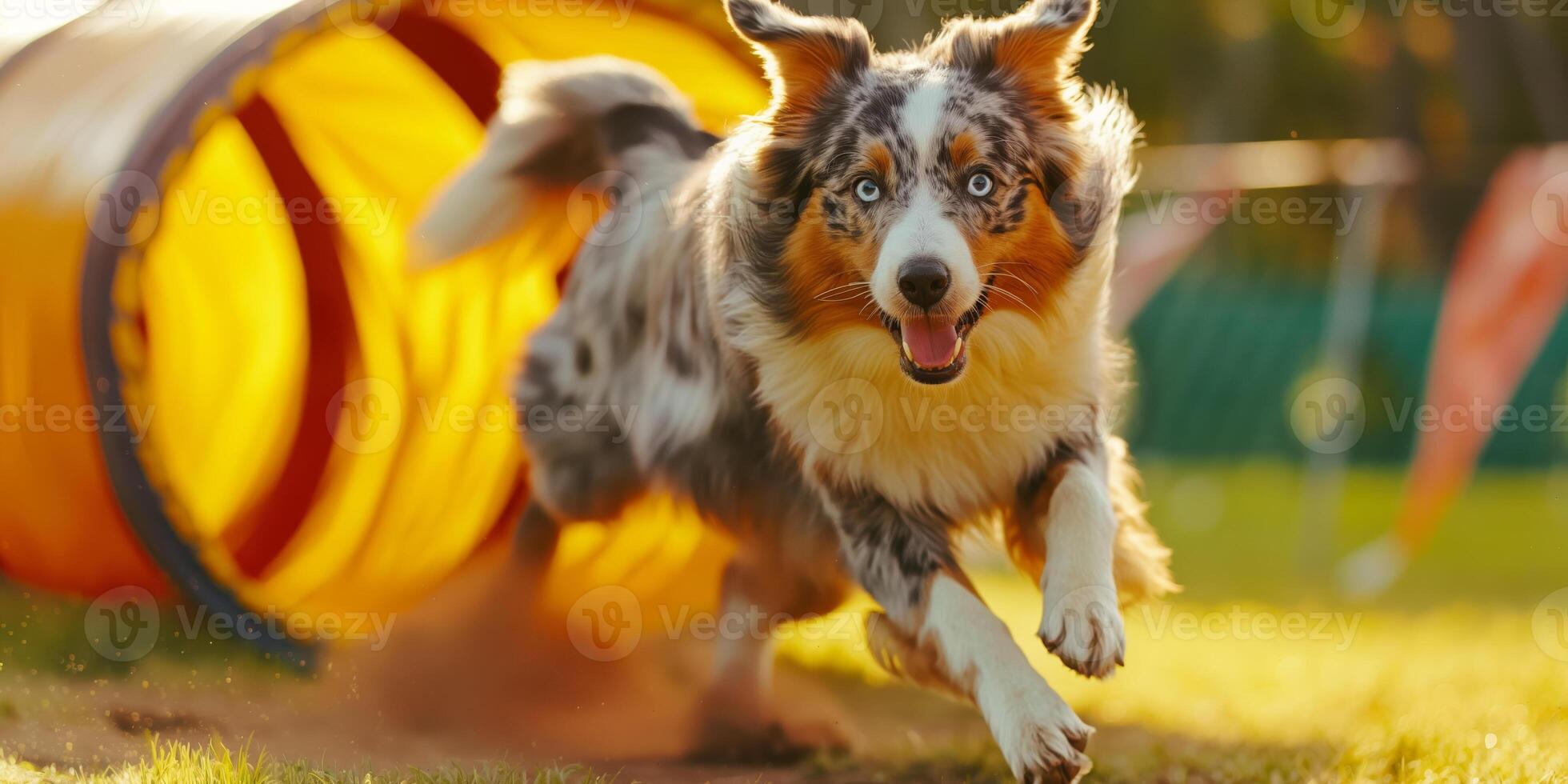 Excited Australian Shepherd Dog Running Through Agility Tunnel in Sunny Park photo