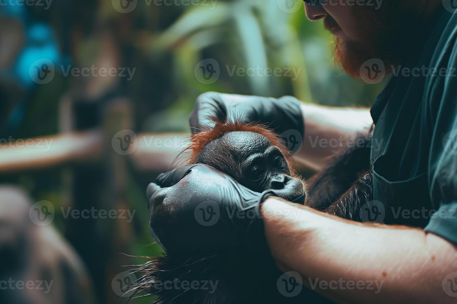 Veterinarian Checking an Orangutan's Health in a Natural Sanctuary Setting photo