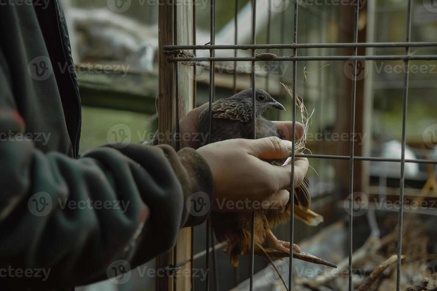 Farmer Gently Holding Bird in Wire Cage on Rural Farm photo