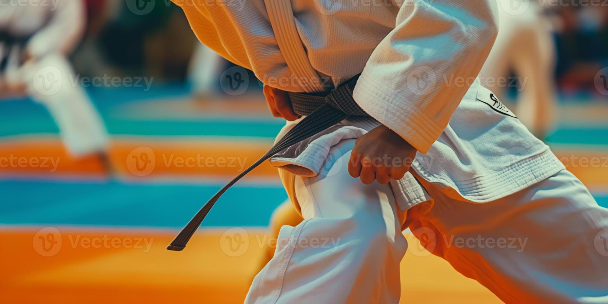 Martial Arts Training CloseUp of a Judo Competitor Wearing a Black Belt in Action photo