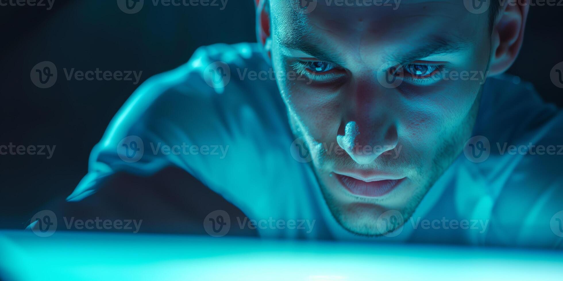 Focused Young Man Intently Working on Computer with Blue Glow photo