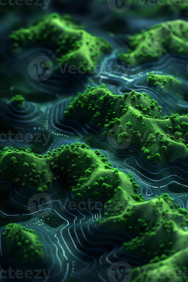 Detailed Topographic Model of Green Mountain Ranges with Contour Lines photo