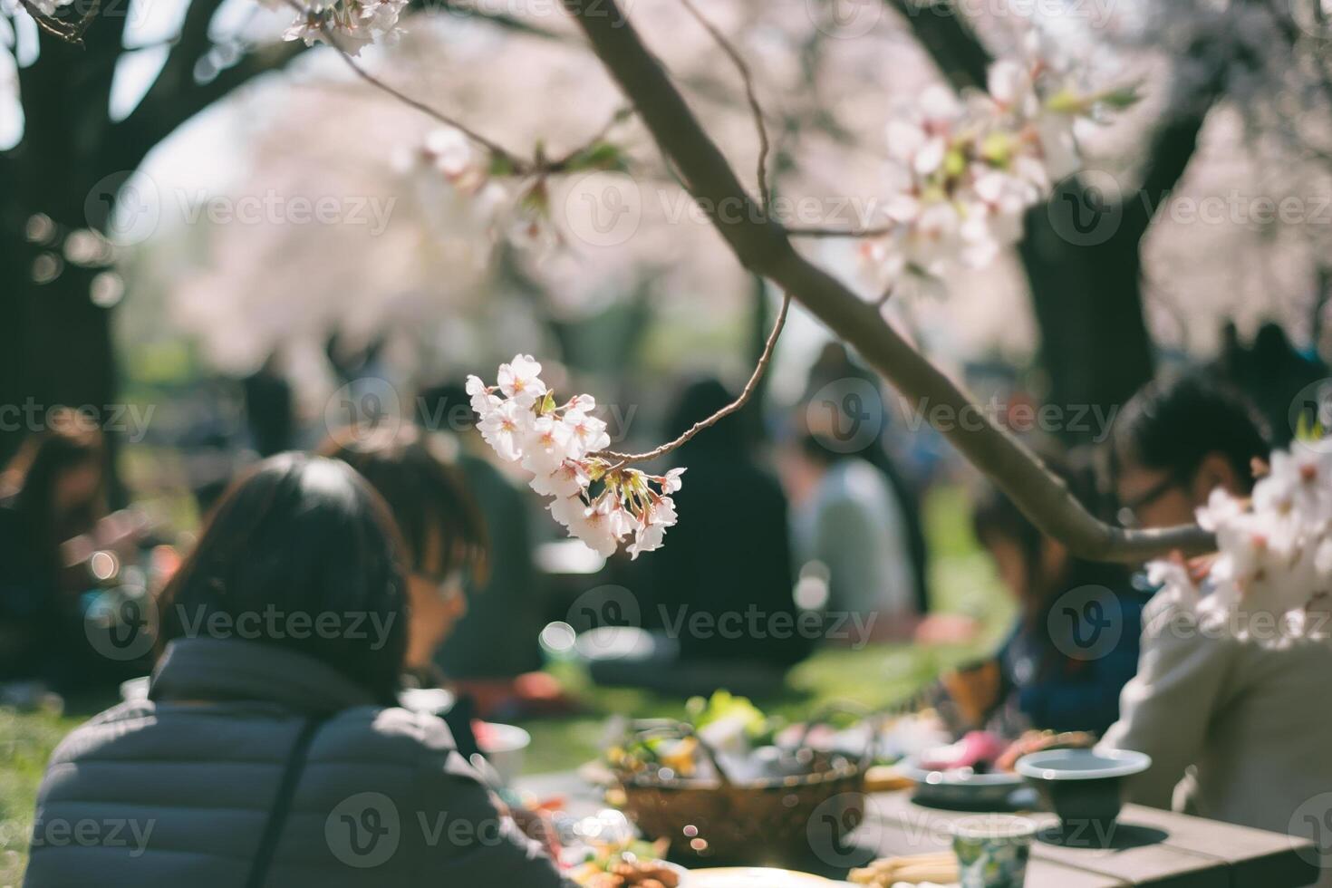 Spring Picnic Under Cherry Blossoms in Full Bloom at a Park photo