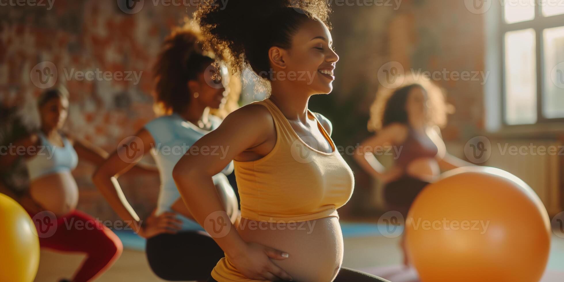 Pregnant Women Practicing Prenatal Yoga with Exercise Balls in a Bright Studio Setting photo