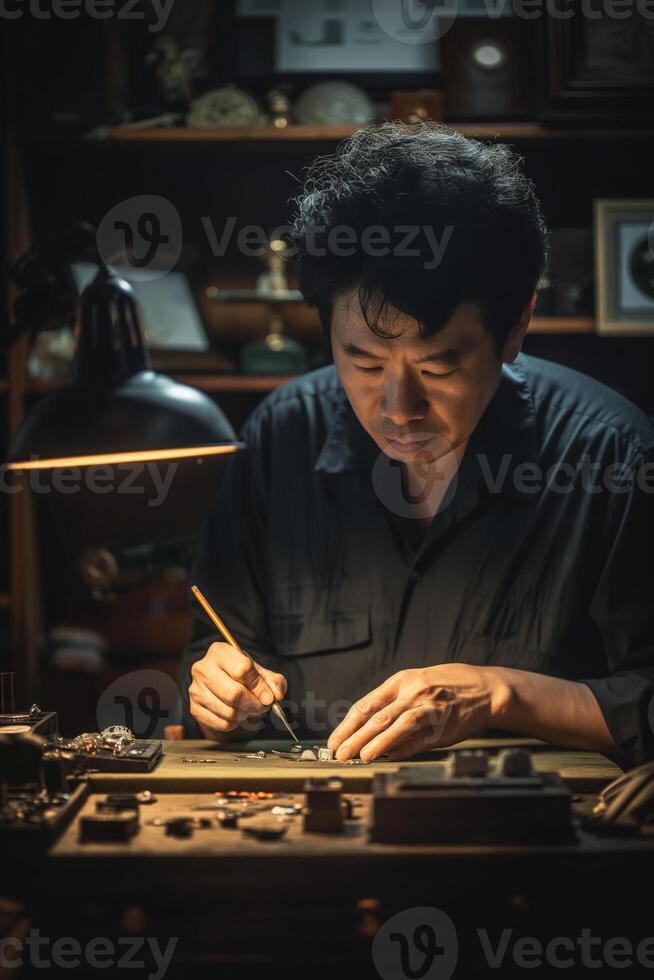 Skilled Artisan at Work Crafting Jewelry in Dimly Lit Workshop photo
