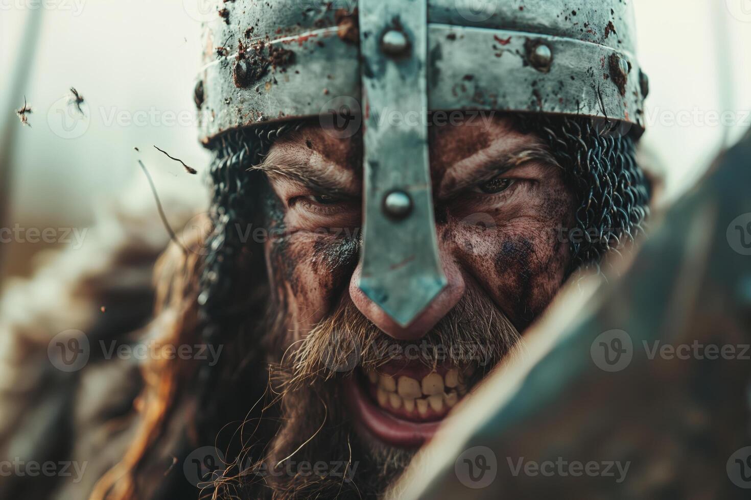 Fierce Viking Warrior in Battle Gear with Metal Helmet and Intense Expression photo