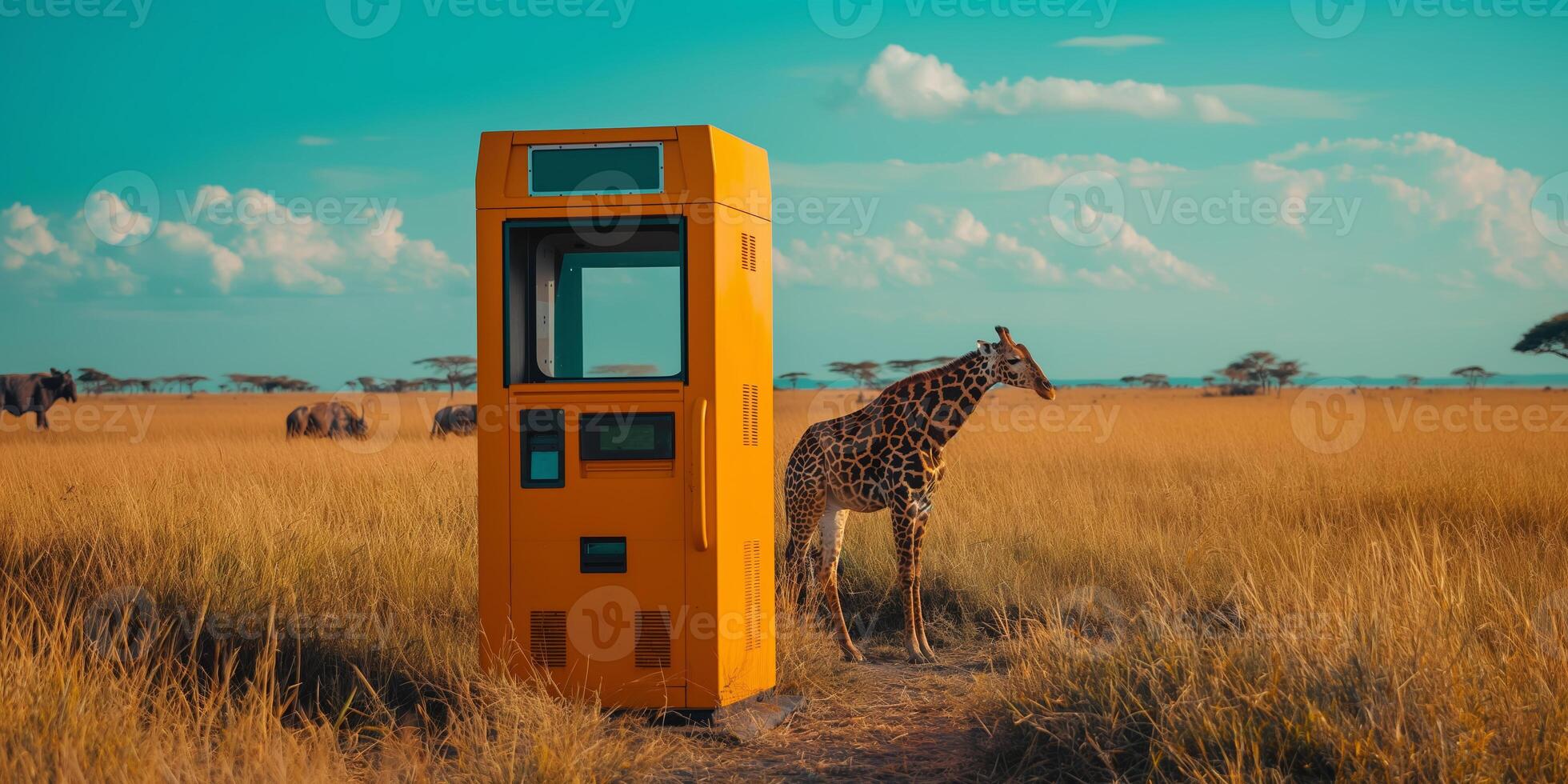 Giraffe Standing Beside Bright Yellow Structure in African Savanna photo