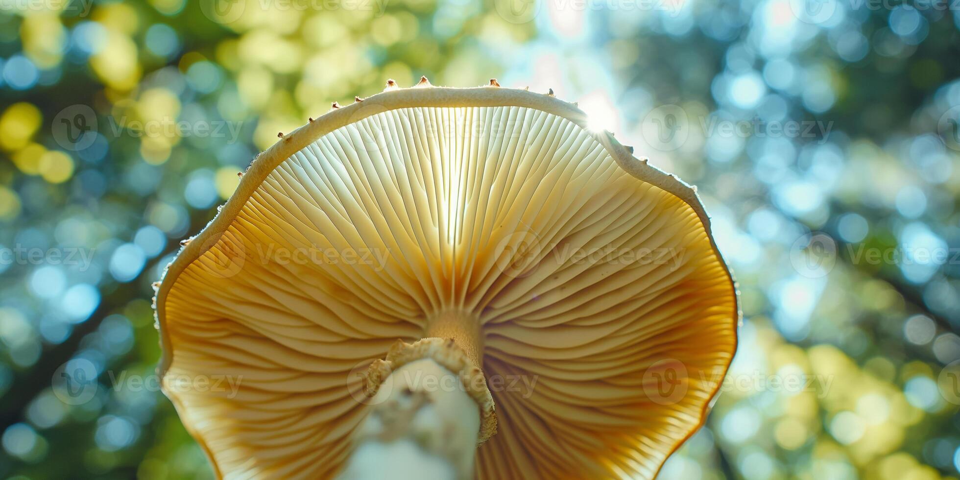 Closeup of Mushroom Gills Against Sunlit Forest Background photo