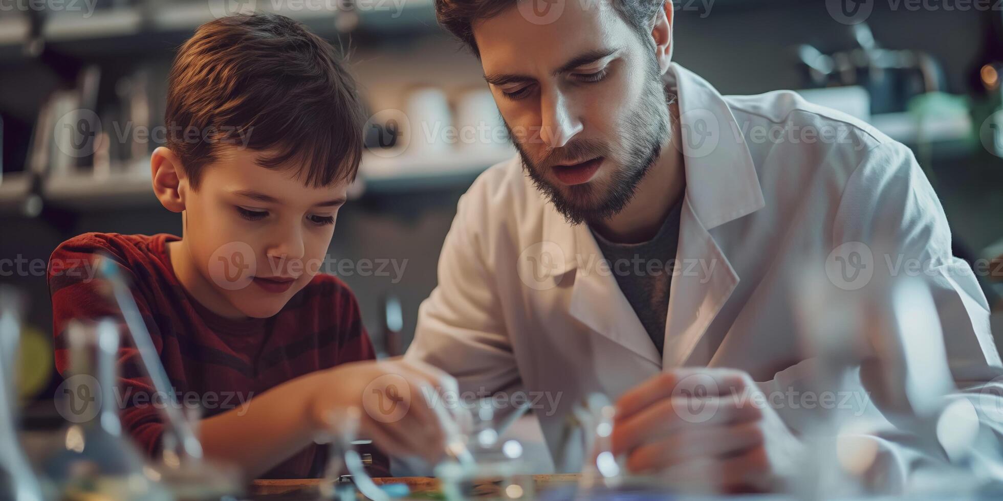 Father and Son Conducting Science Experiments Together in a Laboratory Setting photo