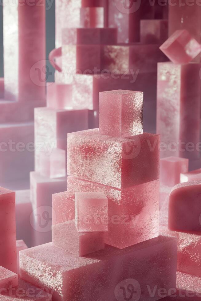 Abstract Pink Ice Cubes in Geometric Shapes with Frosty Surface photo