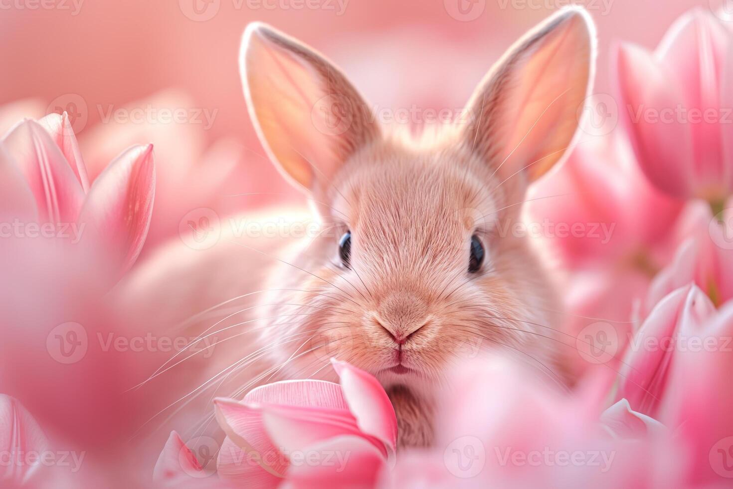 Cute Bunny in a Field of Pink Tulips Under Soft Light in Springtime photo