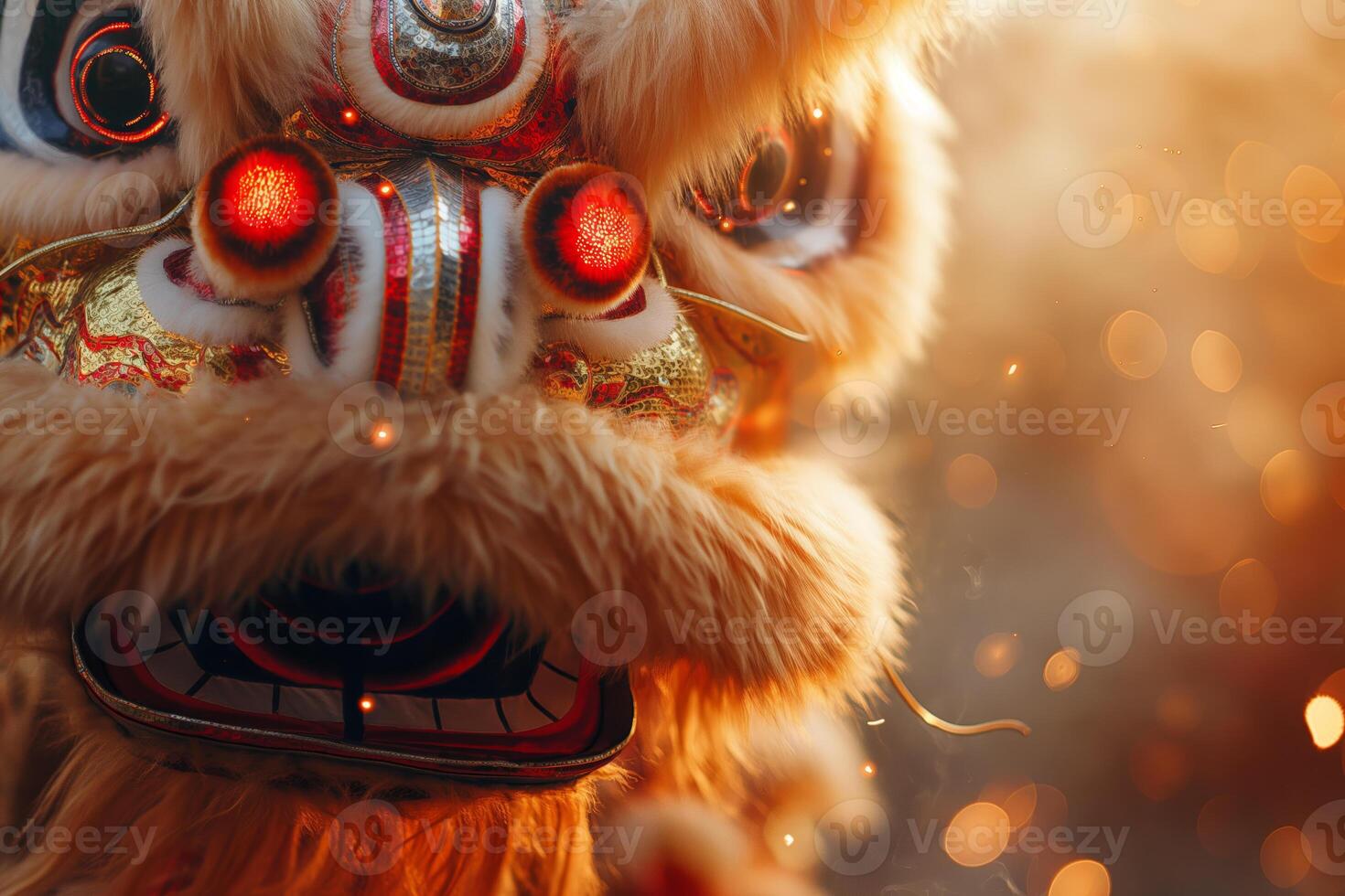 CloseUp of Vibrant Chinese Lion Dance Costume with Glowing Lights in Festive Setting photo