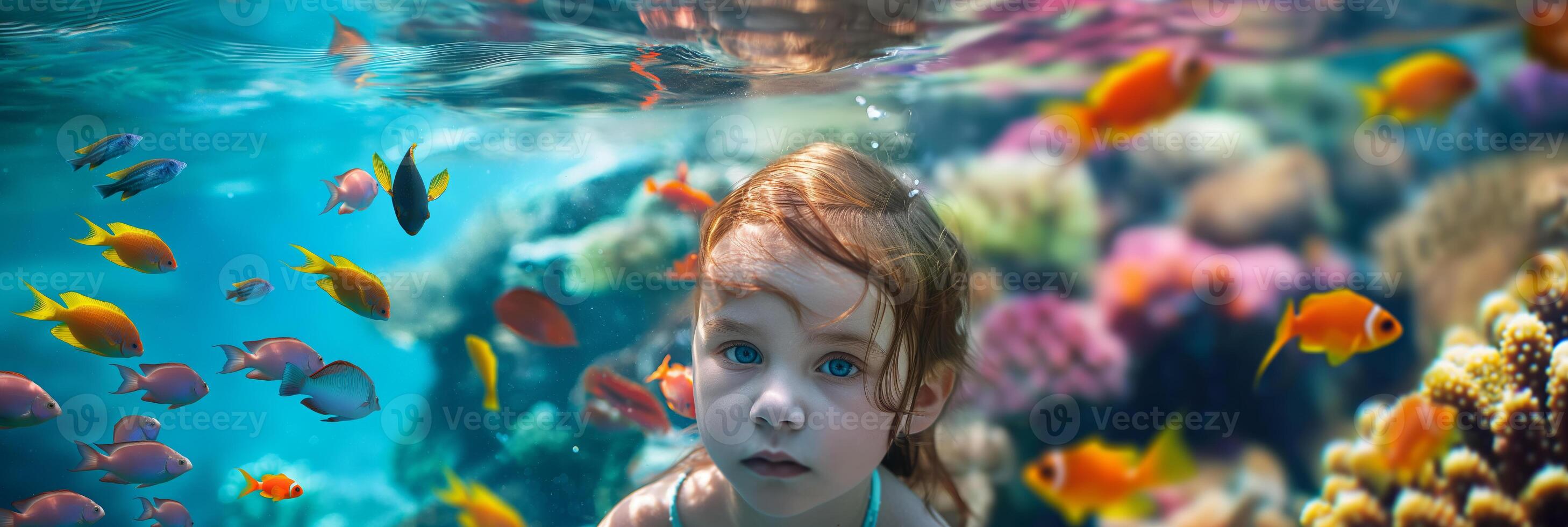 Underwater Wonder Young Girl Surrounded by Vibrant Tropical Fish in Coral Reef photo