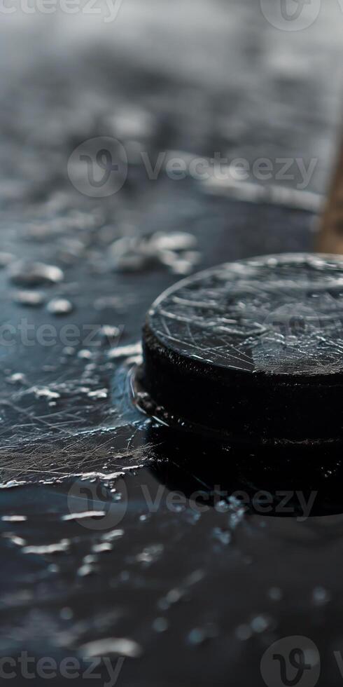 Ice Hockey Puck on Wet Ice Rink Surface Captures the Essence of the Sport photo