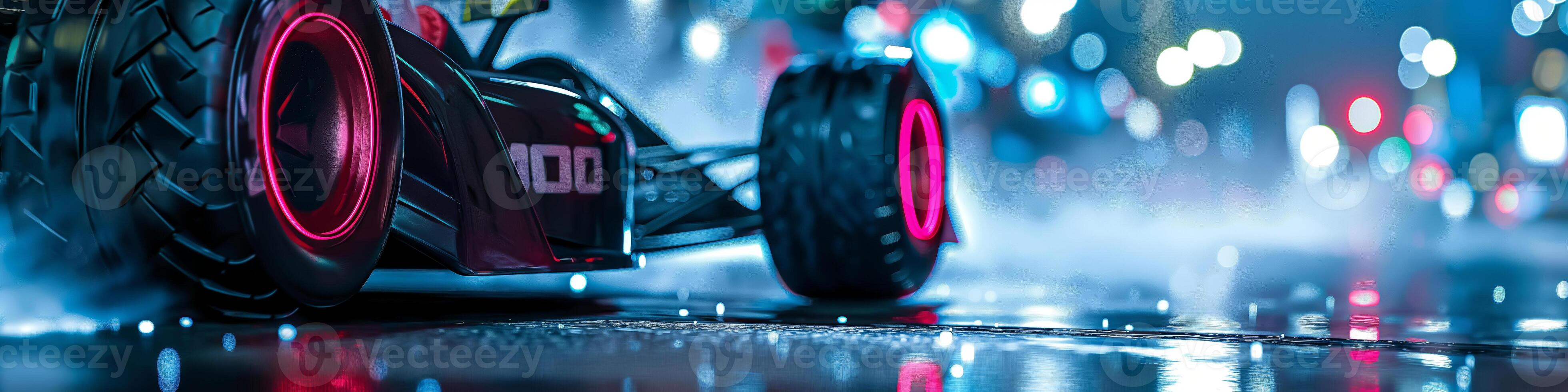 Futuristic Race Car on NeonLit Street at Night with Blurred City Lights photo