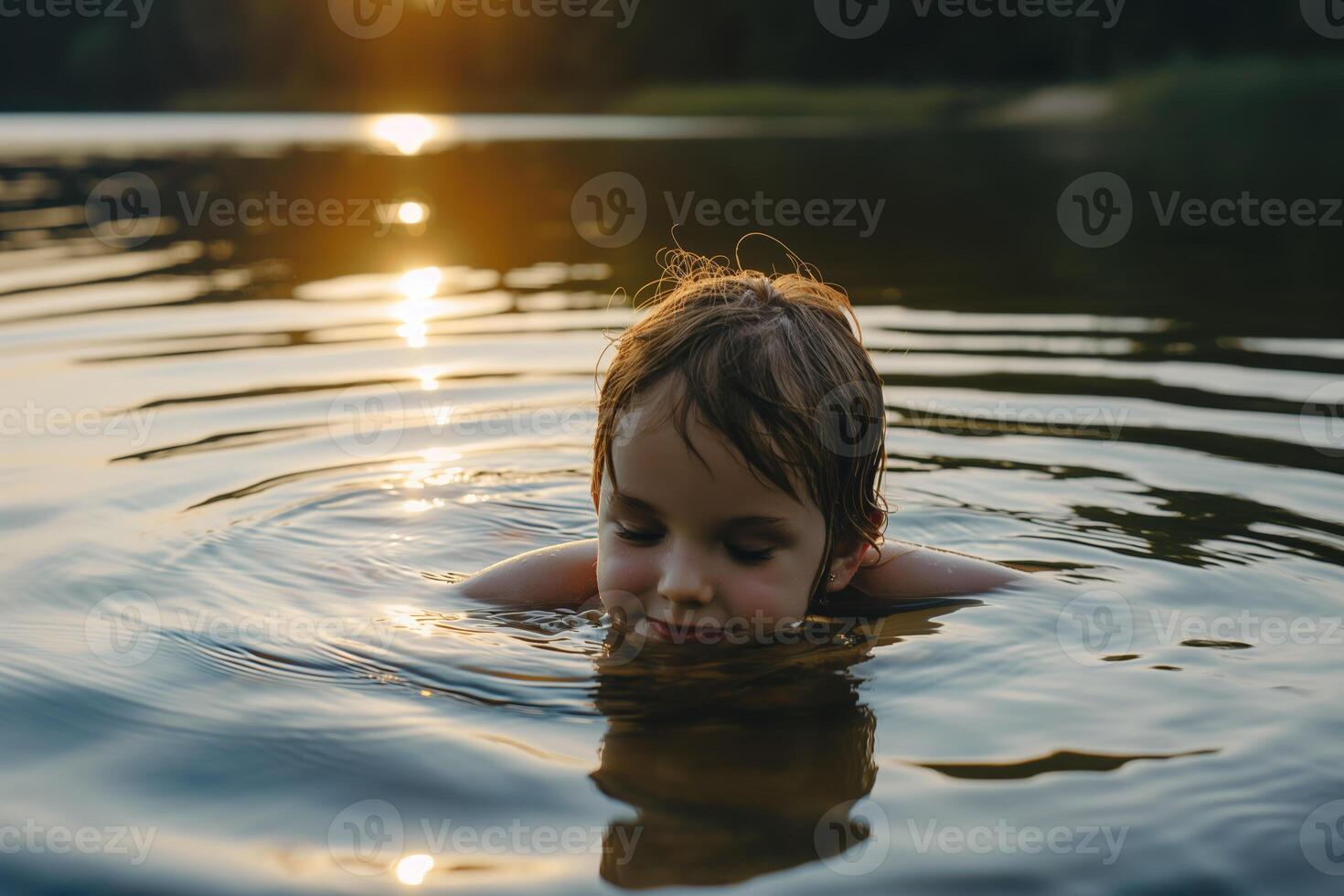 Child Enjoying a Peaceful Swim in Serene Lake at Sunset photo