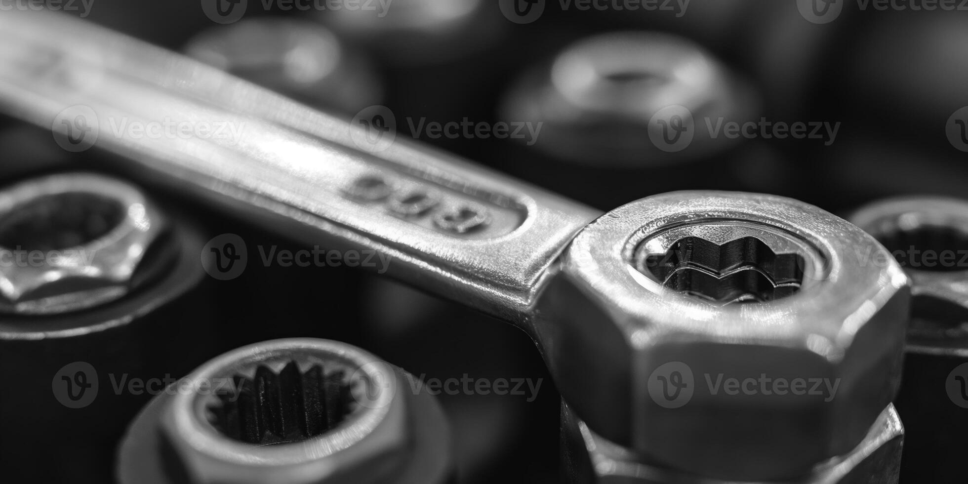 CloseUp of Metal Wrench and Bolt Set in Black and White for Industrial Use photo