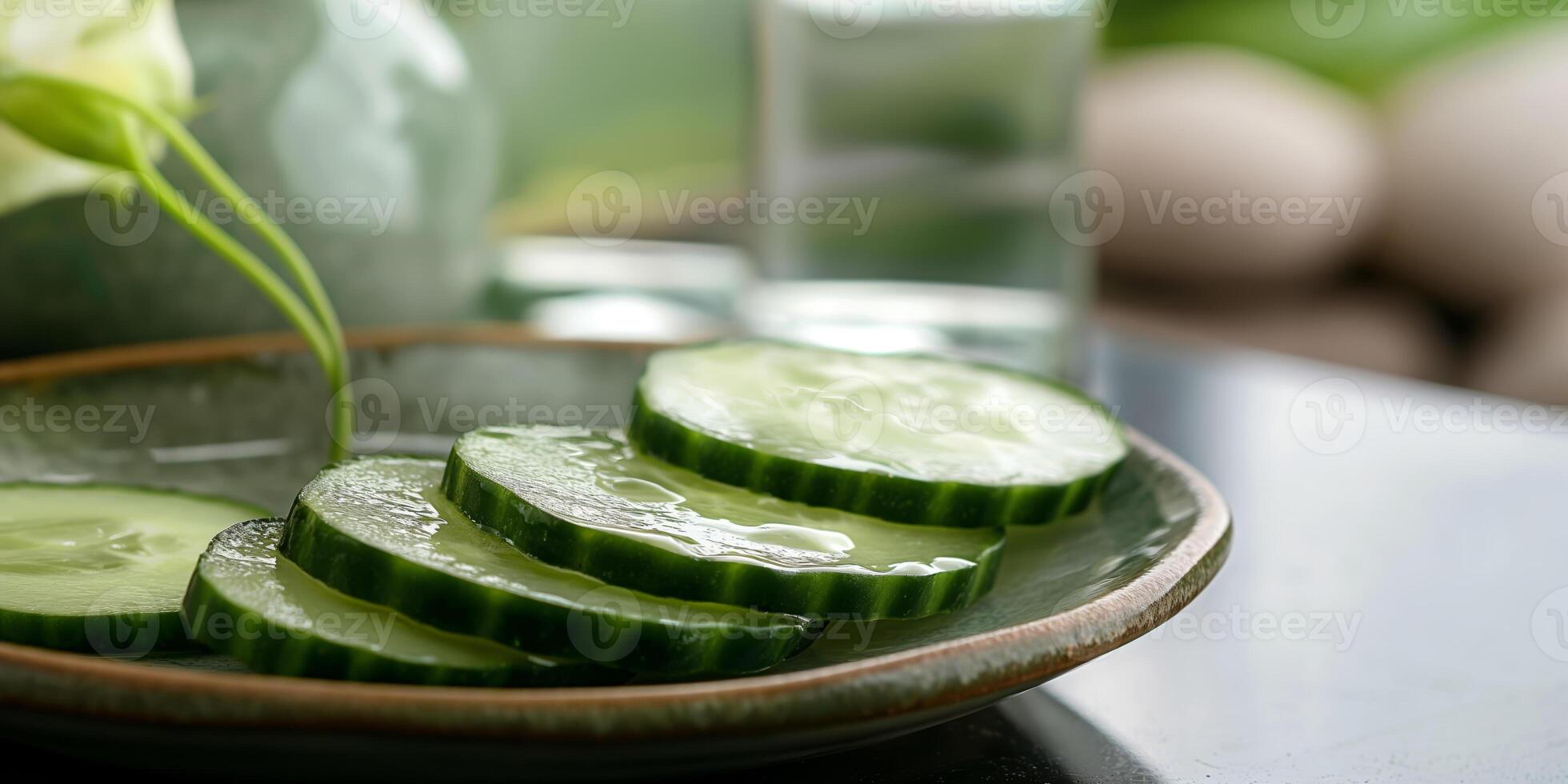 Sliced Fresh Cucumbers on Plate with Water and Flowers in Spa Setting photo
