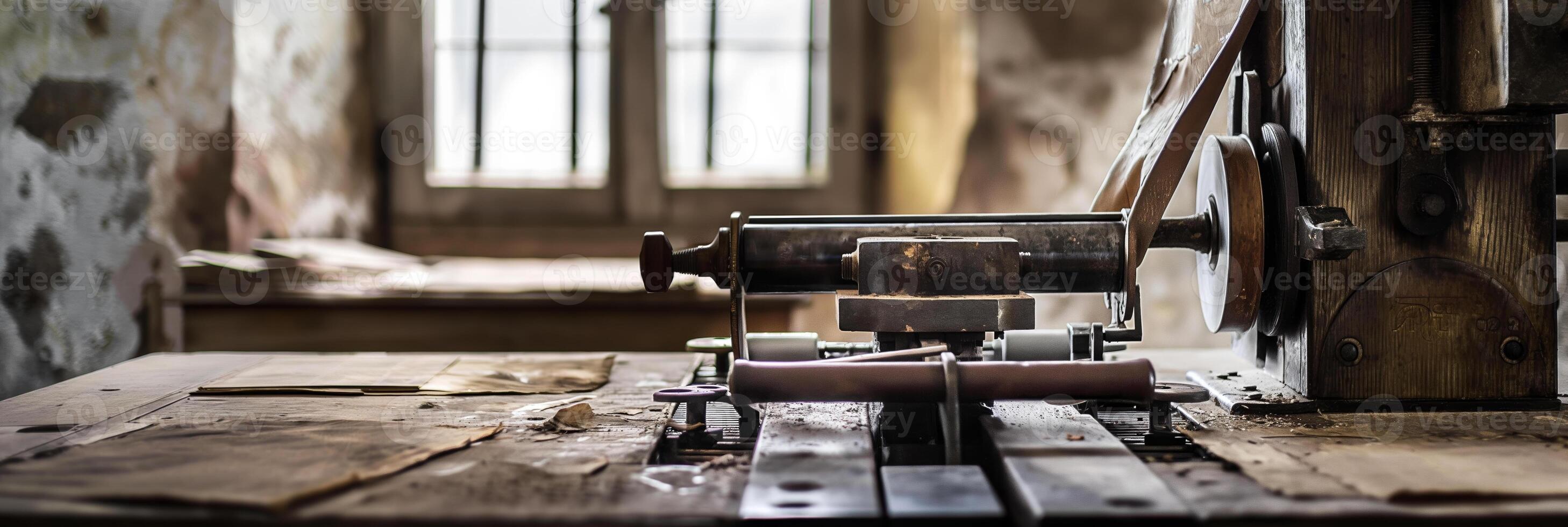 Vintage Printing Press in Historical Workshop with Sunlight Coming Through Window photo