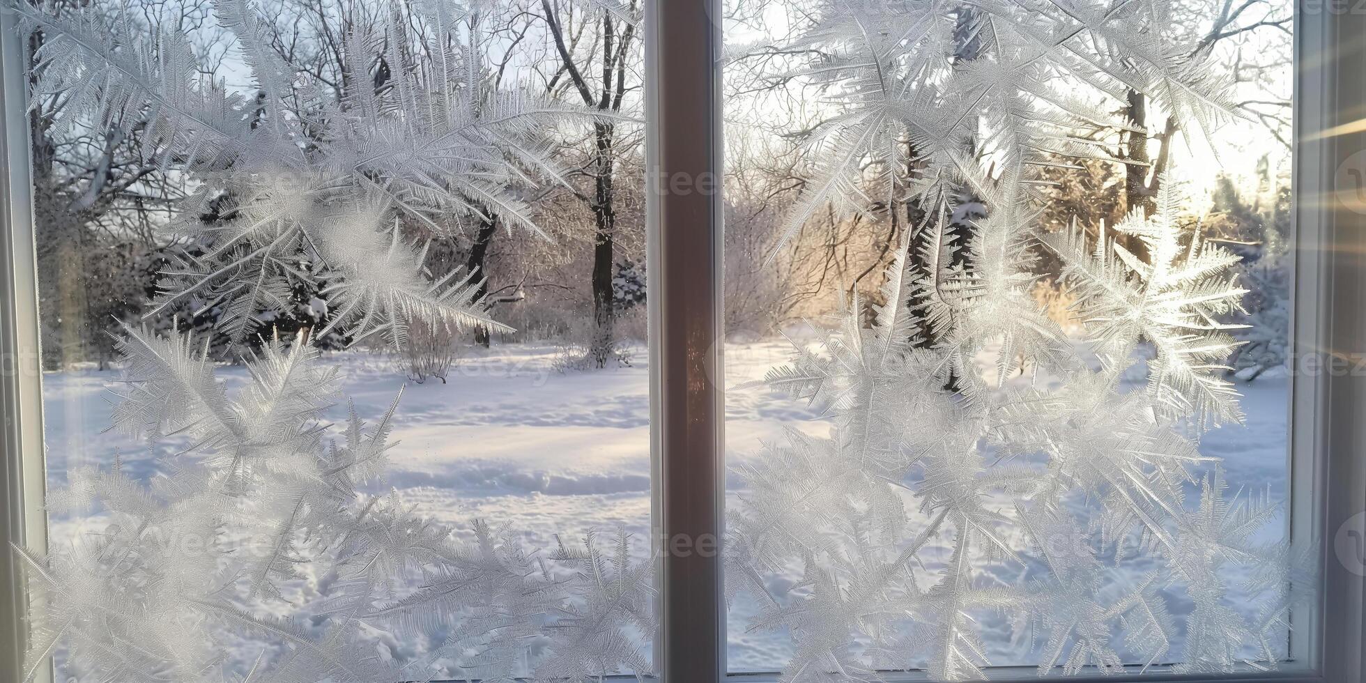 Frost Patterns on Window Glass Overlooking Snowy Winter Landscape photo