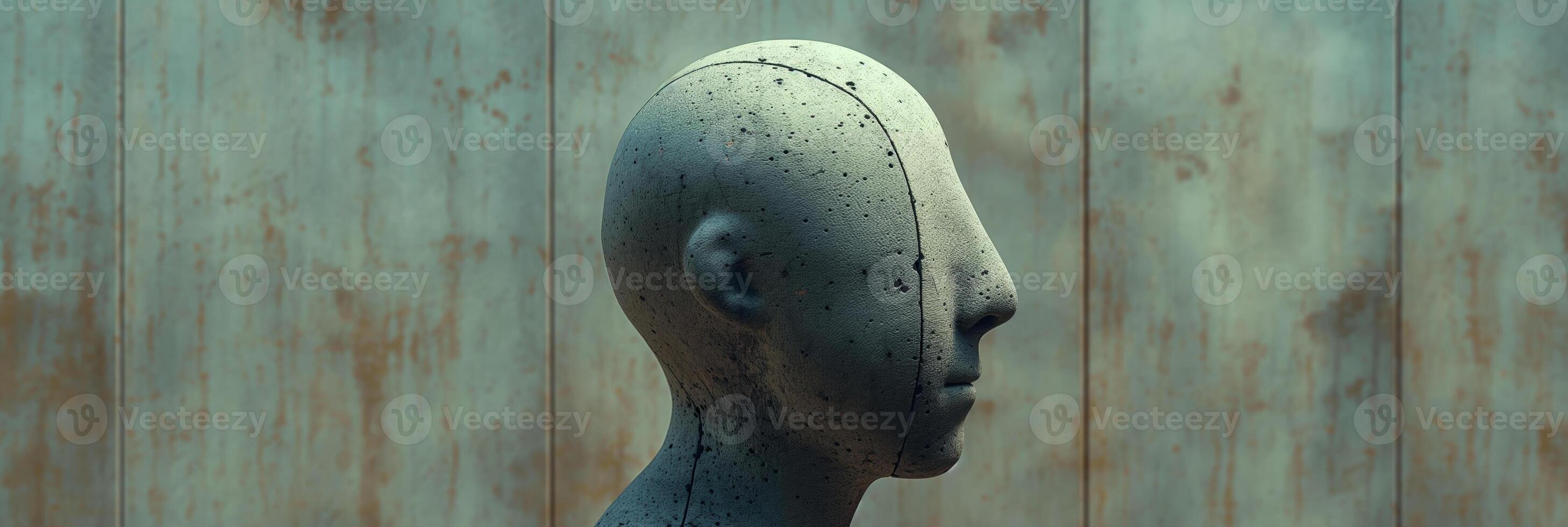 Abstract Concrete Sculpture of a Head Against a Weathered Wooden Background photo