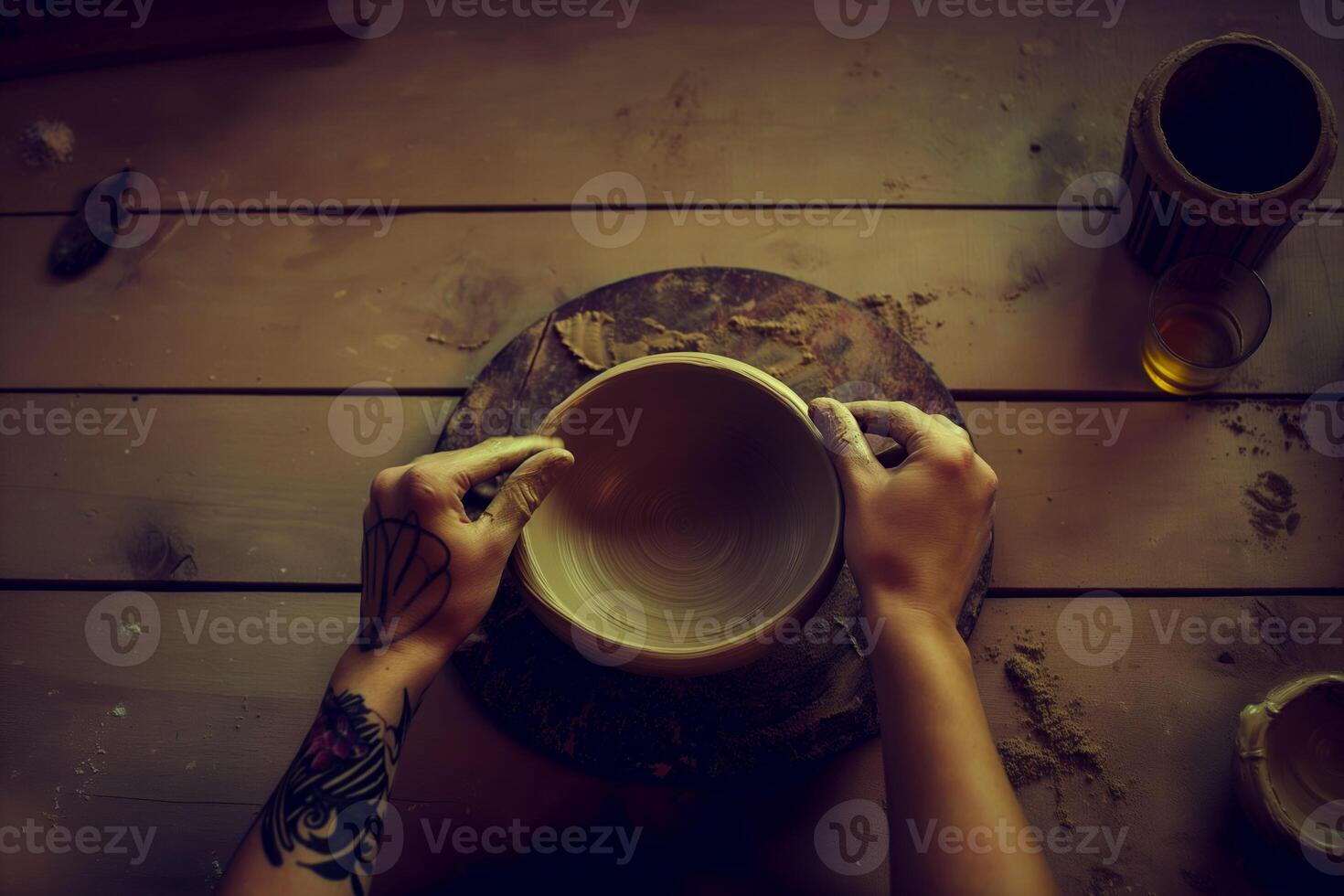 Hands Crafting Pottery on Wheel in Rustic Workshop with Warm Lighting photo