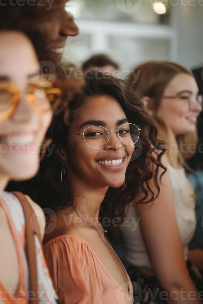 Group of Smiling Young Adults in Glasses at Social Gathering photo