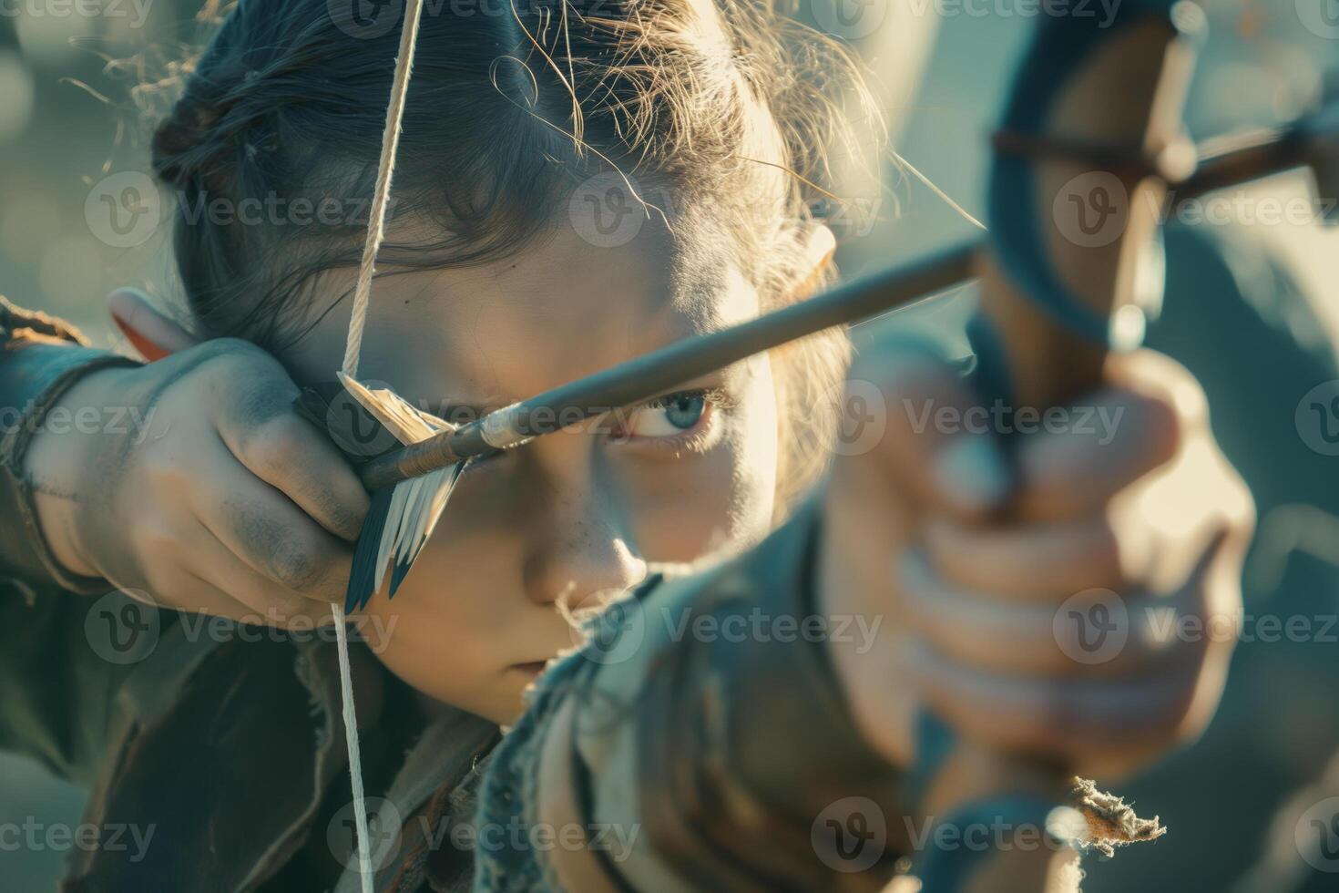 Focused Young Archer Aim with Bow and Arrow in Outdoor Setting photo