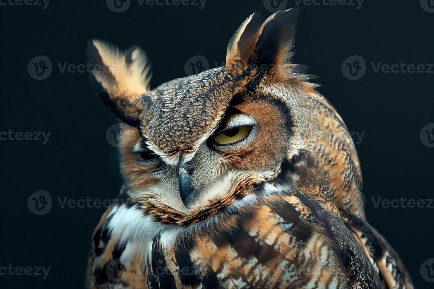 CloseUp Portrait of a Majestic Great Horned Owl on a Dark Background photo