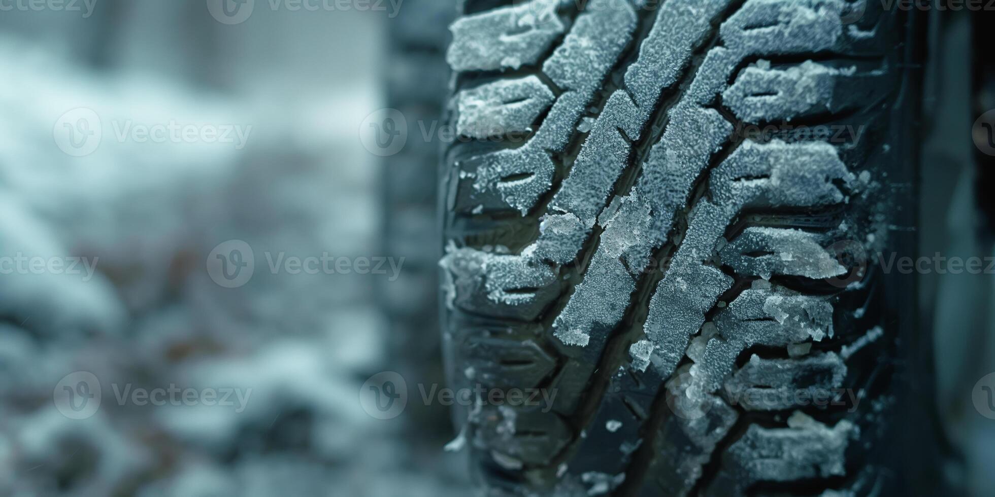 CloseUp of Vehicle Tire with Snow and Ice in Winter Conditions photo
