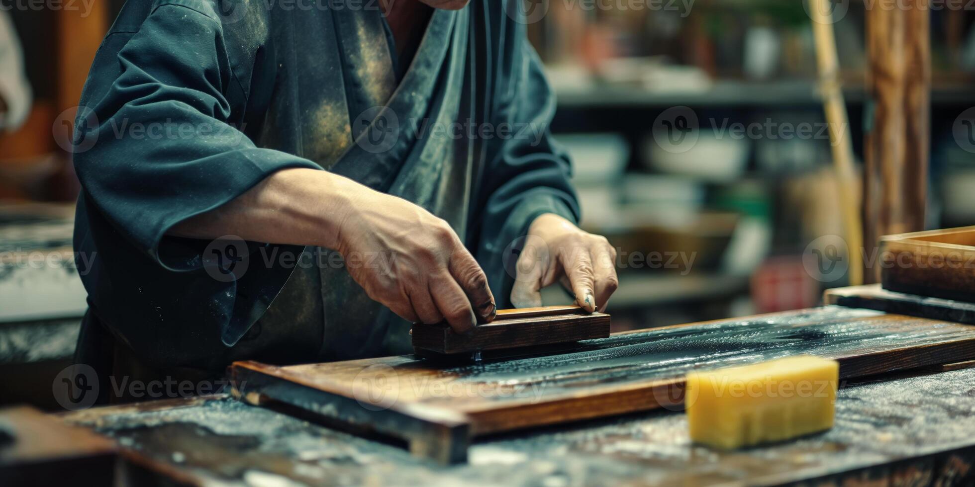 Traditional Japanese Craftsmanship in Action Master Artisans at Work in Authentic Workshop photo