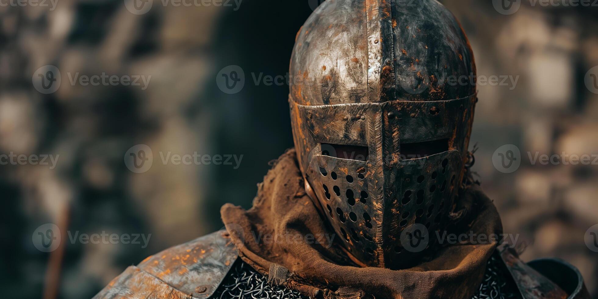Medieval Knight in Rusty Armor with Chainmail and Helmet photo